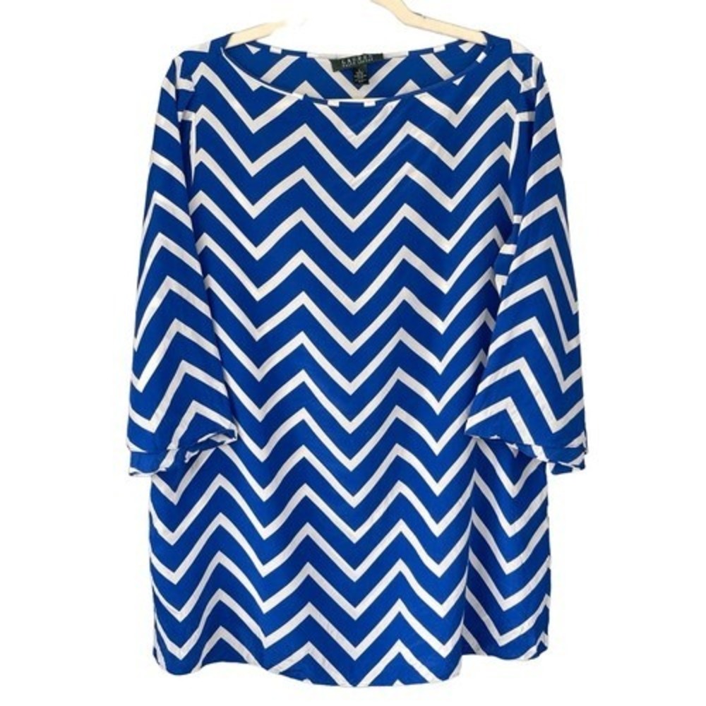 T9 Y2K VTG Lauren Ralph‎ Lauren Blue White Chevron 100% Silk Blouse Large